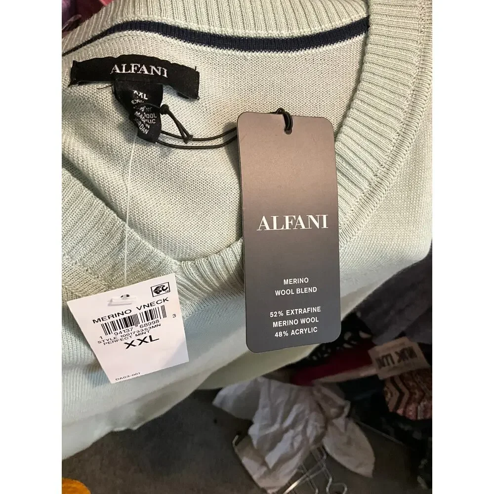 Alfani Merino Wool Quiet Luxury Preppy V Neck Sweater Mint Green NWT XXL